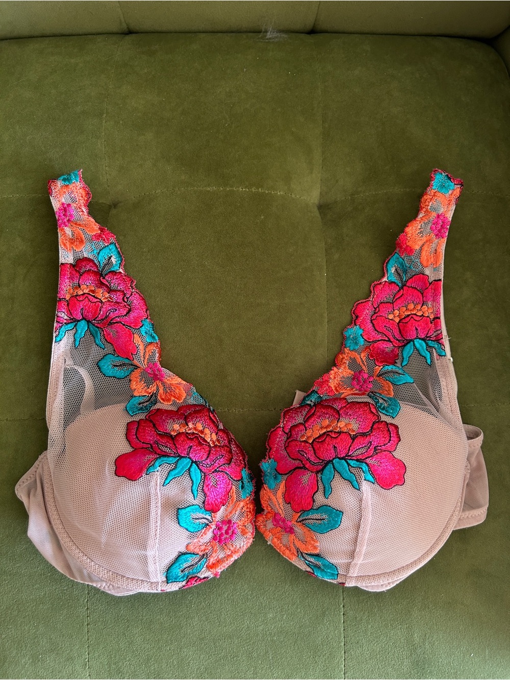 intimissimi Beige Bra with Pink, Teal & Orange Floral Embroidery